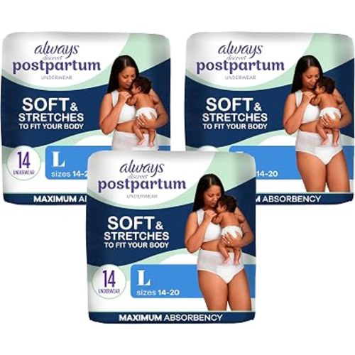 Always Discreet Postpartum and Adult Incontinence Underwear for Women, Large, Maximum Protection, 14 Count (Pack of 3)