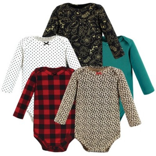 Hudson Baby Infant Girl Cotton Long-Sleeve Bodysuits, Buffalo Plaid Leopard, 3-6 Months