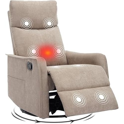 Swivel Rocker Recliner Chair, 360° Swivel Recliner with Heat and Massage, Rocker Recliner Nursery Glider Chair with Side Pockets for Living Room (Khaki, Fabric)
