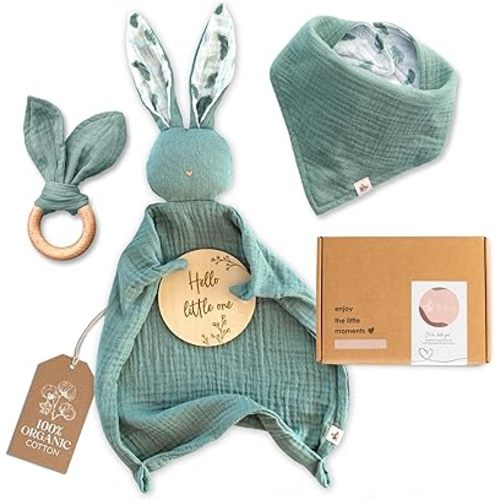 Mikito Organic Cotton Newborn Gift Box, Unisex Baby Gifts Including Muslin Lovey Comforter, Bandana Bib, Wooden Teether & Birth Announcement Sign
