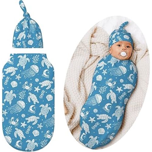 Sea Turtle Swaddle Blankets Newborn Receiving Blanket Beach Baby Swaddle Wrap with Hat, Ocean Sea Sleeping Clothes for Baby Girls Boys