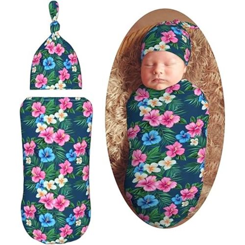 Hawaiian Flowers Pattern Newborn Swaddle Blankets Hat Sets Soft Baby Receiving Blanket Swaddle Sack for Baby Shower Infant Boy Girl Gift