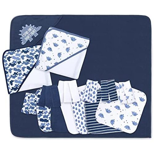 The Peanutshell Dinosaur Hooded Bath Towel and Wash Cloth Set for Baby Boys - 23 Piece Baby Gift Set
