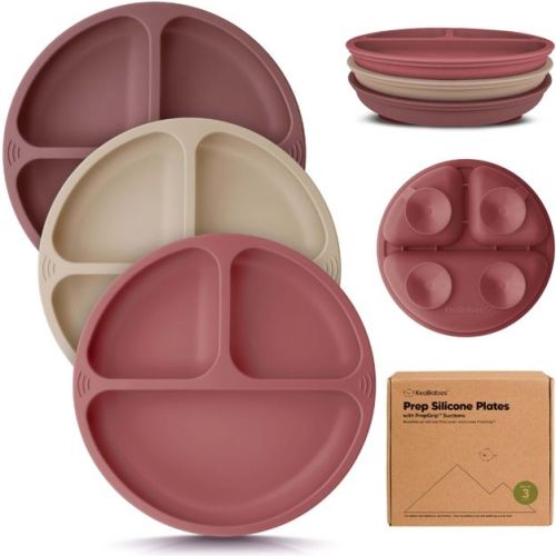 3-Pack Prep Suction Plates for Baby, 100% Silicone Toddler Plates, BPA-Free Divided Baby Plates with Suction (Burgundy)