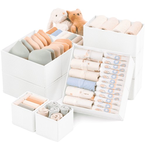 Criusia 9 Pack Drawer Organizers for Clothes, Foldable Fabric Closet Organizers and Drawer Dividers for Clothing, Baby Clothes, Socks, Underwear & Accessories, White