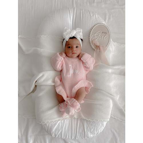 Pink newborn knit frill personalised announcement romper – Penny and Co Collections