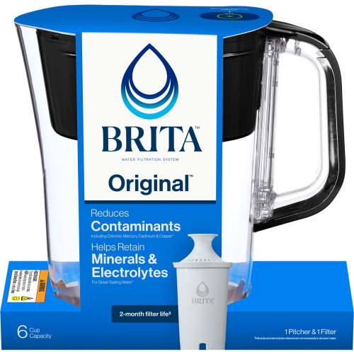 Brita Small 6 Cup Black Denali Water Filter Pitcher with 1 Brita Standard Filter