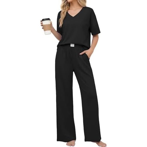 Ekouaer Womens Pajama Sets Cotton Short Sleeve Sleepwear Long Pants Lounge Set Soft Pjs with Pockets S-XXL