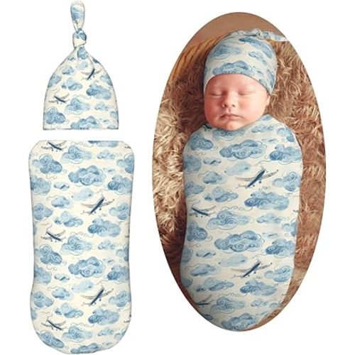Hand Drawn Blue Airplanes Newborn Swaddle Blankets Hat Sets Soft Baby Receiving Blanket Swaddle Sack for Baby Shower Infant Boy Girl Gift