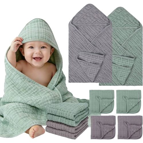 Flasoo 6 Pcs Muslin Hooded Baby Bath Towels Sets - 2 Pack 100% Cotton Baby Towel & 4 Pack Muslin Washclothes- 32x32Inch Baby Towels Cotton for Babies, Infants, Toddlers, 100% Cotton, Bath Essentials