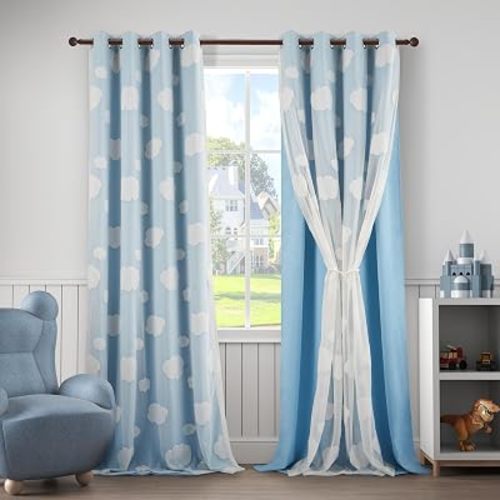Blue Blackout Clouds Curtains for Kids Bedroom Decor 95 Inches Long Double Layer Nursery Curtains 2 Panels Set Grommet Curtains with Tiebacks, W52 X L95