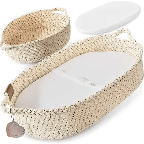 Kiddo Vibes Baby Changing Basket Set w/Matching Diaper Caddy, Comfy Pad & Extra Waterproof Bamboo Jacquard Cover, Reinforced Cotton Rope Moses Baskets for Newborn