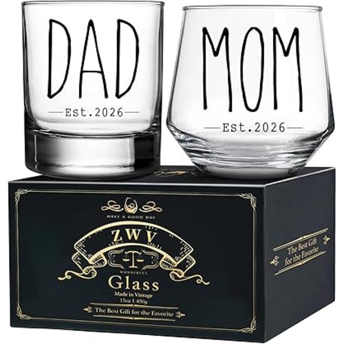 Mom & Dad Est 2026 Wine and Whiskey Glass Gift, New Parents Gifts for Couples, Mom and Dad Gifts for First Time Parents, New Mommy, Daddy to Be for Pregnancy Gender Reveal Christmas -125