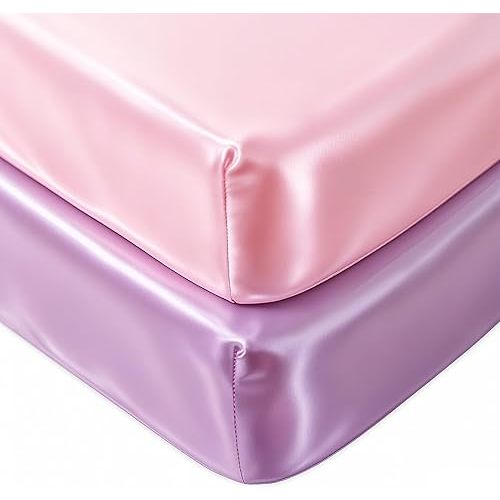 Pro Goleem Satin Pack and Play Playard Sheet, Fitted 2 Pack Great for Baby Hair Silky Feeling 27x39 Inch Playard Mattress Cover Portable Mini Crib Sheet for Girls(Pink & Purple)