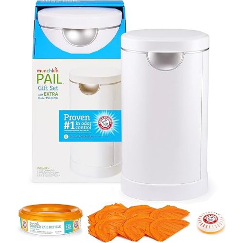 Munchkin® Diaper Pail Baby Registry Starter Set, Powered by Arm and Hammer, Includes 1 Month Refill Supply and Baking Soda Puck