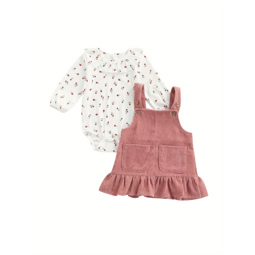3-6mth Infant Baby Girls Casual Suit, Spring Autumn Long Sleeve Floral Printed Romper Tops+Solid Color Ruffled Dress, Perfect for Outdoor