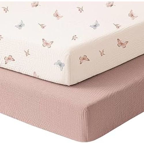Konssy Muslin Mini Crib Sheets, 100% Soft Cotton Pack and Play Sheets for Pack N Play Mattress, Playard Baby Crib Sheets for Baby Girls(Taupe,Butterfly Dreams)