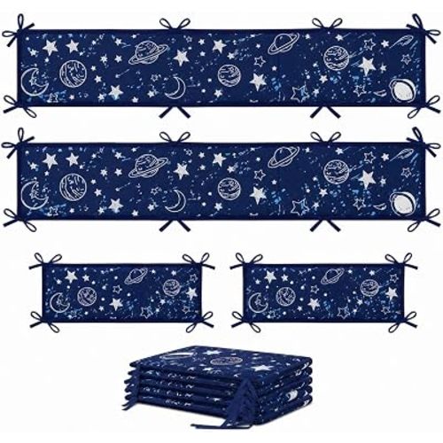 Full Surround Mesh Wall Padding Panels, 2 Long & 2 Short Panels (52" x 9.6" & 27" x 9.6"), Foldable Rail Covers with Tie Straps for Floor Beds, Stair Railings & Play Areas(Galaxy)