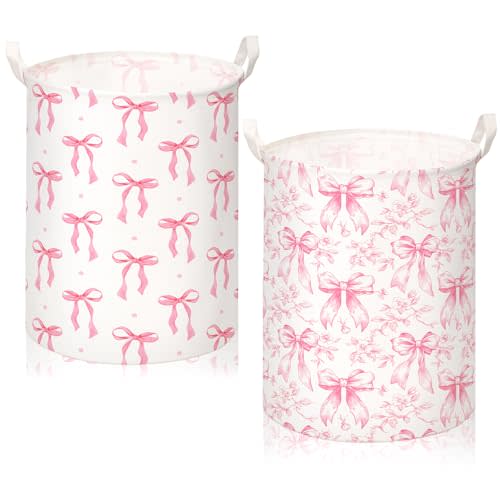 CroBlissful 2 Pcs Pink Bow Laundry Basket Coquette Storage Basket for Girls Teen Nursery Hamper with Handles Foldable Waterproof Collapsible Storage Bin Organizer for College Dorms Bathroom