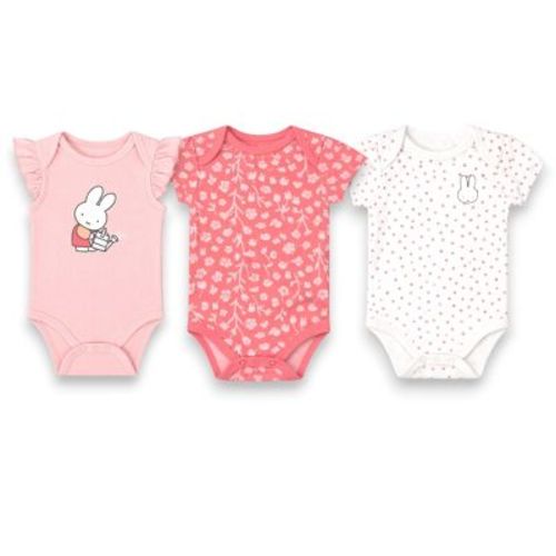 Miffy Baby Girls' 3-Pack Short Sleeve Soft Cotton Blend Bodysuit Set, Pink Floral/White Dots, 6 Months