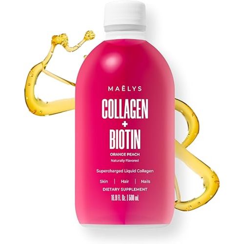 MAËLYS Collagen + BIOTIN Supercharged Liquid Collagen - Drinkable Hydrolyzed Type I & III Collagen Supplement with Biotin, Vitamin C, Zinc & Folic Acid - Orange Peach Flavor (500 mL)