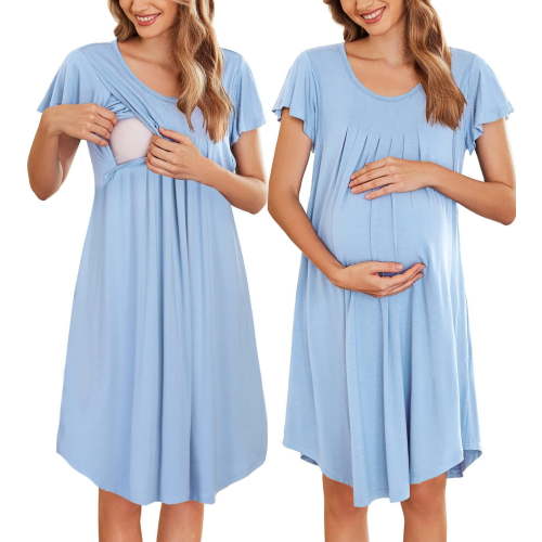 Ekouaer Nursing Nightown Labor and Delivery Gown for Hospital Pleated Breastfeeding Dress for Women Short Sleeve Maternity Sleepwears