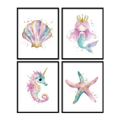foedor Ocean Nursery Decor Wall Art Decor, 8x10 Set of 4 Unframed | Beach Ocean Room Decor Baby Stuff,Starfish Seahorse Sea Shell Wall Decor for Girls Bedroom Kids Room Bathroom