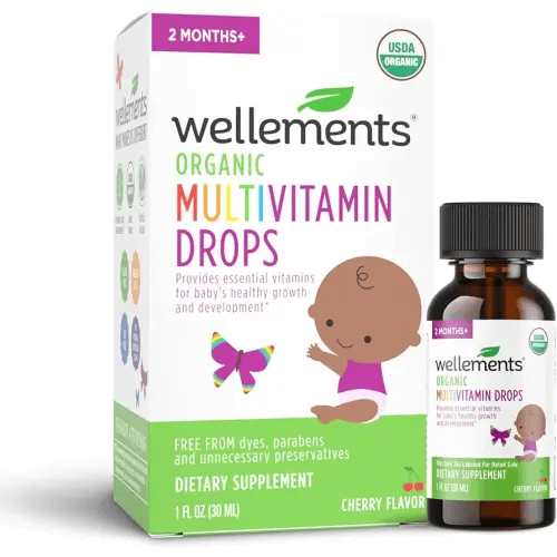 Wellements Organic Baby Multivitamin Drops | Liquid Multivitamin for Infants & Toddlers 2 Months+ | Certified Organic, No Artificial Colors or Flavors | Cherry Flavor, 1 Fl Oz. 30 Servings