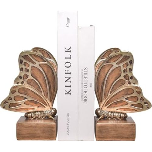 Vintage Brown Butterfly Bookends,Resin Book Ends for Shelves,Heavy Duty Decorative Bookends,Creative Book Stopper Holder Decor for Desk Home Office,Shelf Decoration,Gifts for Mother's Day