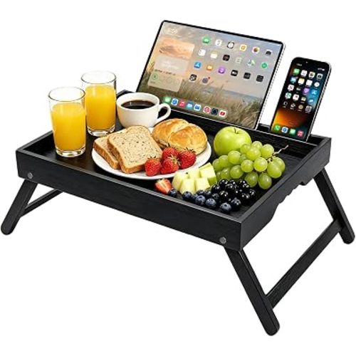 Bamboo Bed Tray Table with Folding Legs - Foldable Breakfast Meal Table with Detachable Media Slot, Laptop Computer, Eating, Snack Tray - Black