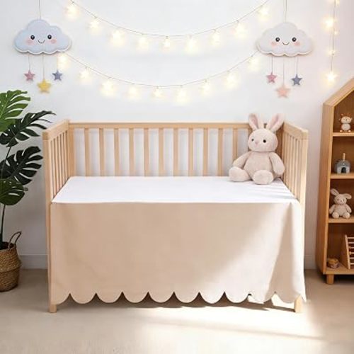 Shunjie.Home Scallop Edge Crib Skirt Beige, 100% Egyptian Cotton 400 Thread Count Crib Skirt Dust Ruffle,Double Layer,Durable,Smooth Toddler Bedding Skirt for Baby Girls or Boys, 52"X 28" with 14"