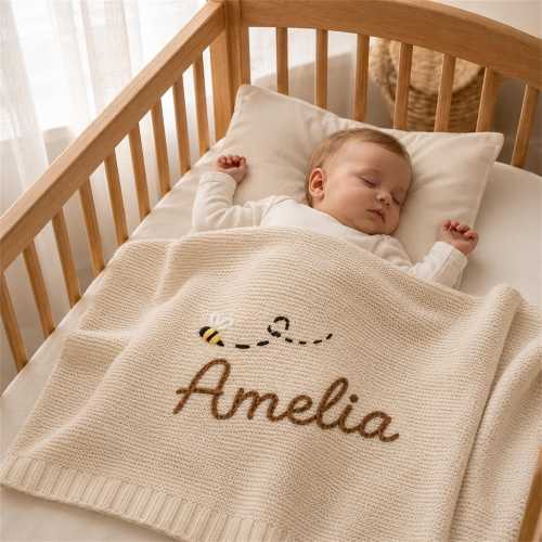 Embroidered Baby Name Blanket, Personalized Newborn Knit Blanket, Floral Bee Nursery Gift, Custom Baby Shower Present