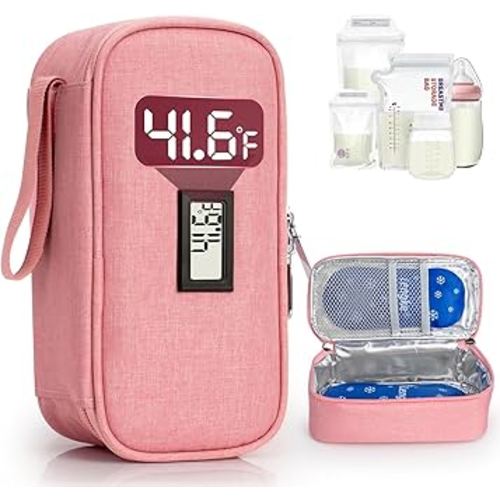 Breast Milk Cooler Travel Bag, Real-Time Temperature Display, Holds 4-6 Breastmilk Storage Bag with 2 Breast Milk Ice Pack, Cooling & Waterproof Portable Cooler for Moms on The Go(Pink)