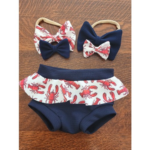 Lobster Lovers - Mini Skirt Bummies and Headband Set - Red White and Blue - Nautical