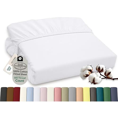 ROYALE LINENS 300 Thread Count 100% Cotton Twin Fitted Sheet - Super Soft All Around Deep Pocket Bottom Sheets - Fitted Sheet Only - Cooling White Fitted Sheet (Twin, White)
