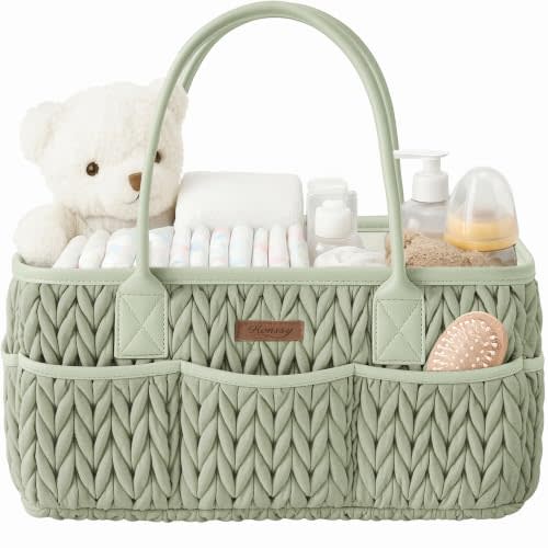 Konssy Braided Quilted Diaper Caddy Organizer, Boho Nursery Storage Basket with PU Leather Handles, Water-Repellent Portable Diaper Basket for Changing Table, Newborn Essentials (Fog Green)
