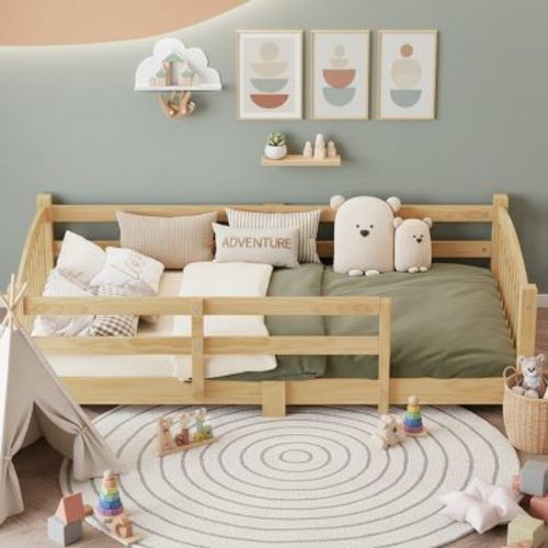 Polibi Montessori Solid Wood Floor Bed with 360° Safety Guardrails, Twin, Natural