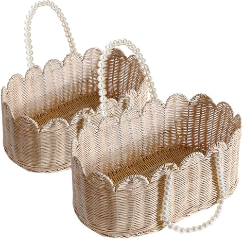 Set of 2 Scalloped Basket, Wicker Storage Baskets, Hand Woven Baskets for Shelves,Natural Baskets for Organizing (Rattan(Ellipse-16"L x 10"W x 7"H))
