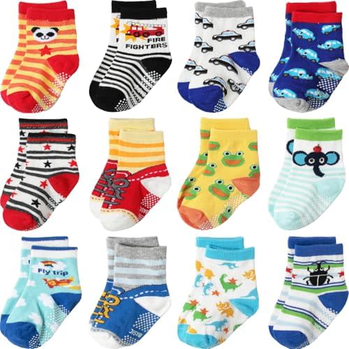 Non Slip Grip Ankle Baby Socks 12 Pack for Toddler Boys and Girls Kids,Infant Cute Cotton Baby Socks