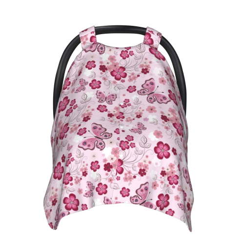 Car Seat Cover Baby, Flower butterfly pink Baby Car Seat Cover for Baby Boys Girls Newborn , Infant Car Seat Canopy Cover Nursing Breastfeeding Cover Warm Blanket