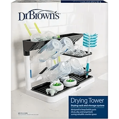 Dr. Brown's Baby Bottle Drying Tower, Stand-Up Countertop Drying Rack with Organized Storage for Baby Essentials, Space Saving Vertical Rack, Black/White