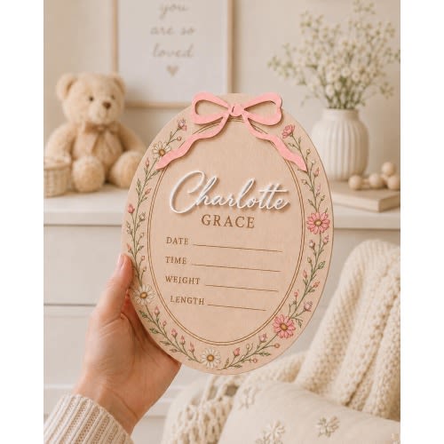 Personalized Wooden Birth Announcement Sign, Custom Baby Name Plaque, Floral Bow Newborn Stats Board, Nursery Decor Gift