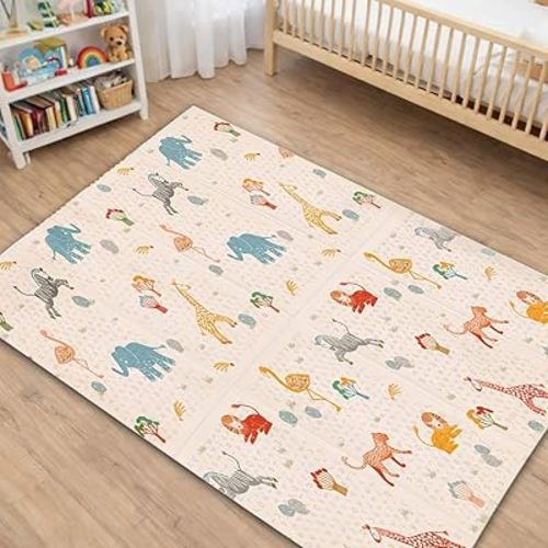 Oribel Foldable Baby Play Mat | 6.6ft x 5ft | Odour Resistant | Premium Thick & Plush | Waterproof, Stain Resistant & Easy Clean (Savanna Adventure)