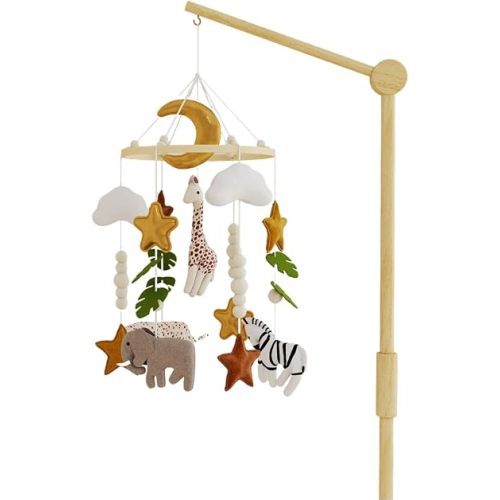 Baby Crib Mobile – Handmade Safari Baby Mobile with Giraffe, Elephant & Leopard, Mobile for Crib Nursery Mobiles with Beech Wood Ring, Felt Hanging Toy for Bassinet, Neutral Baby Room Decor