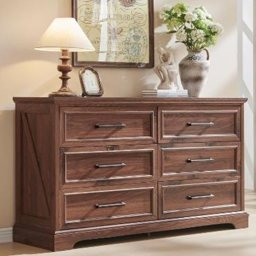 6 Drawer Dresser for Bedroom, Farmhouse TV Stand with 6 Drawers, 52" W Rustic Dresser Wood Chest of Drawers for Bedroom, Brown