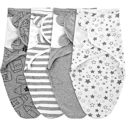 Newwiee 4 Pcs Preemie Baby Swaddle Wrap Adjustable Cotton Preemie Swaddle Blanket for Newborn Boys Girls(Grey Stripe,Fit for Preemies)