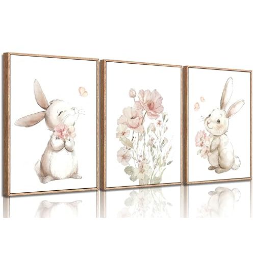 Pink Girl Nursery Bunny Canvas Wall Art Cute Rabbit Wildflowers Painting Pictures Wall Decor Botanical watercolor Flower Poster printing artwork For Baby Boys and Girls Playroom paintings Unframed