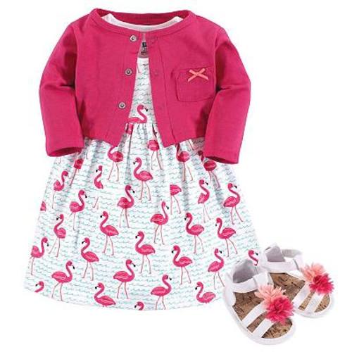 Hudson Baby Infant Girl Cotton Dress, Cardigan and Shoe 3pc Set, Bright Flamingo