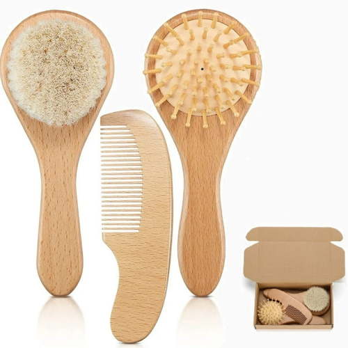 Bevtee Baby Hair Brush Set, 3 Pack Baby Hairbrush and Comb Set, Wooden Brush with Soft Goat Bristles