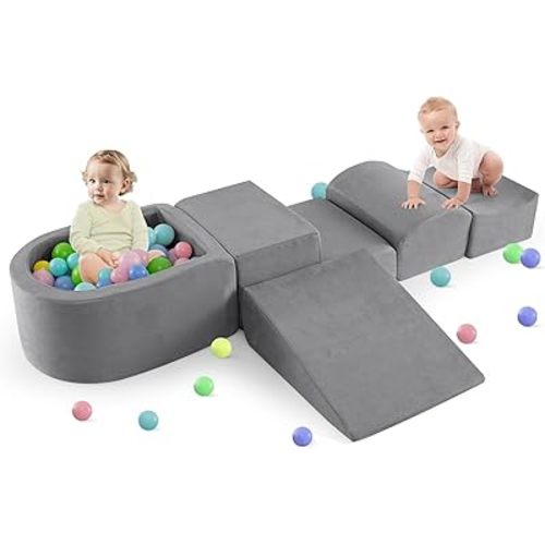 INFANS Climbing Toys for Toddlers, Foam Climbing Blocks and Ball Pit for Baby, 5pc Kids Climb and Crawl Block Activity Structure Play Set, Indoor Foam Play Gym for Crawling and Sliding